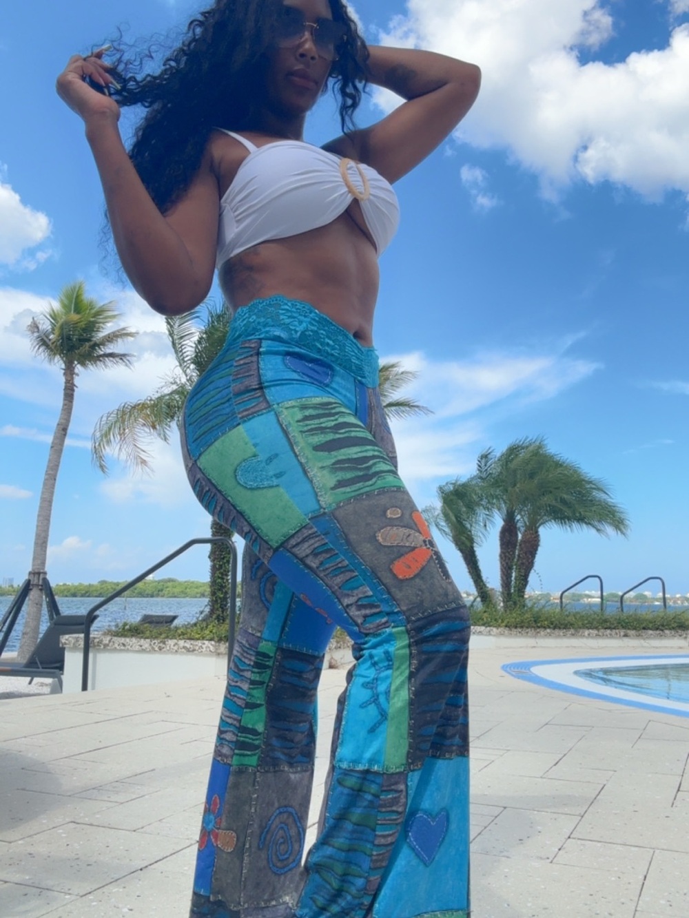 Boho Patchwork Wide-Leg Pants in Teal & Green